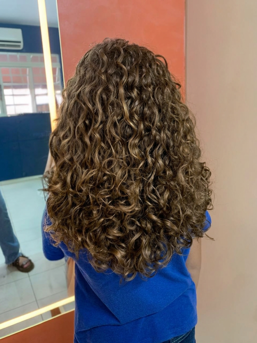Cachos longos castanhos com mechas naturais iluminadas