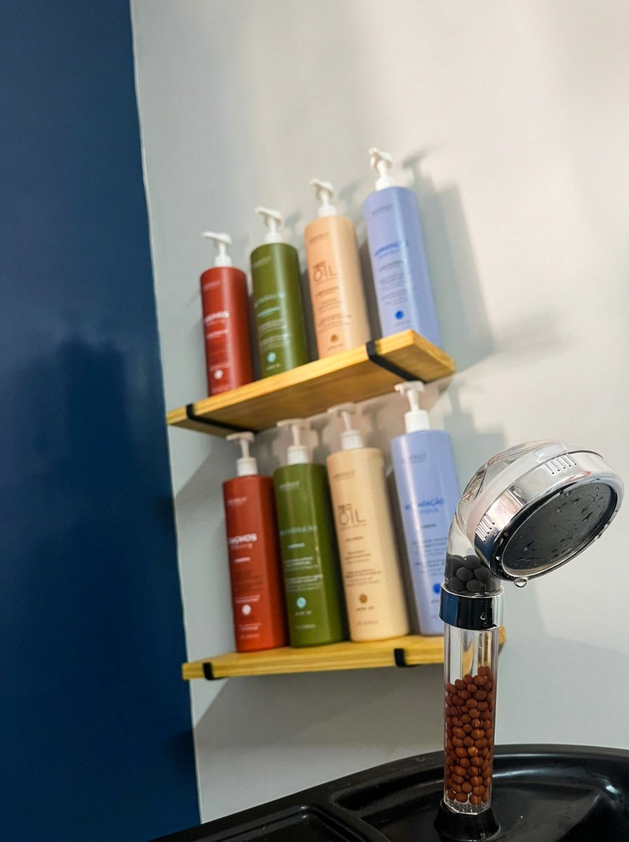 Prateleira com linha de produtos profissionais para cabelos naturais